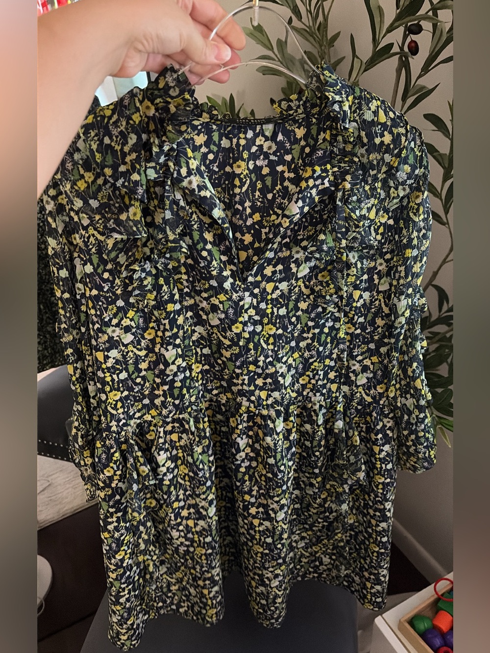Zara Basic Navy Floral Dress with Yellow and Green Print